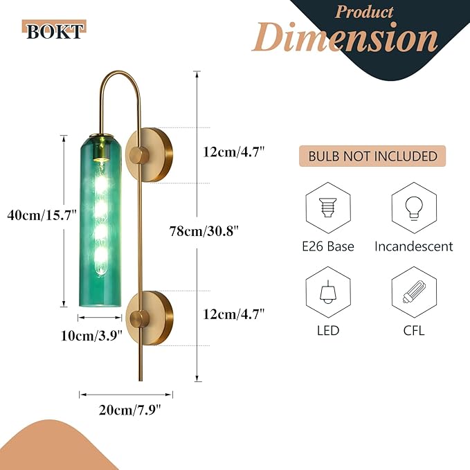 BOKT Modern Gold Wall Sconce Green Glass Hardwired Bedside Wall Light Fixtures Mid Century Long Metal Wall Sconce Single Hardwired Bathroom Bar Wall Lamp (Green)