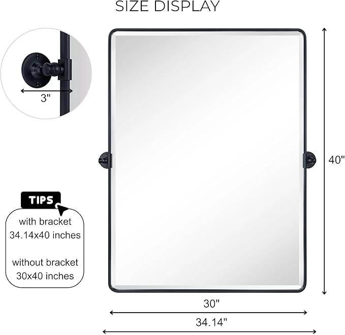 TEHOME Pivot Mirror Matt Black Tilt Vanity Mirror Large Black Metal Framed Rectangle Tilting Beveled Vanity Mirrors for Wall, Vertical Hanging, Overall 34.14 x 40 inches (Mirrror 30 x 40 inches)