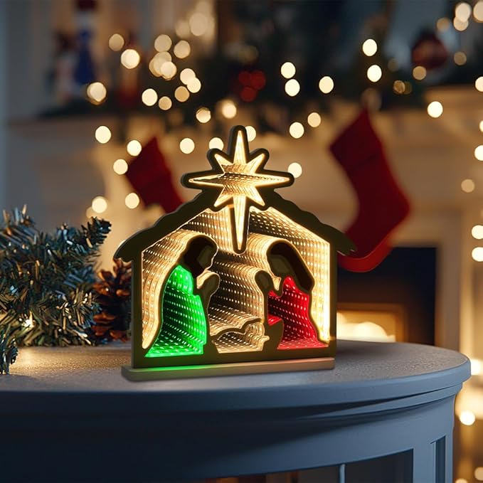MEETYAMOR Nativity Sets for Christmas Indoor, Nativity Scene Infinity Mirror Tunnel Light, Nativity Scene with Manger for Home Living Room Mantel Table Centerpiece Christmas Decorations