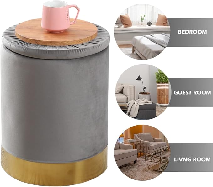 Mxfurhawa Velvet Storage Ottoman Multipurpose Footrest Stool with Metal Base Modern Round Vanity Stool Chair Ottoman Foot Stools Support 300 lbs Padded Seat for Living Room (Grey (Velvet))