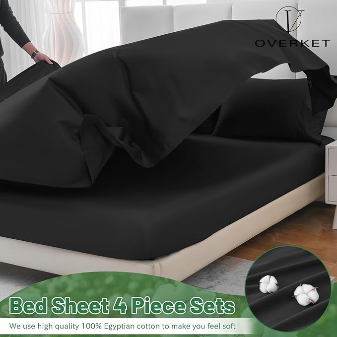 100% Egyptian Cotton Sheets Cal King Sheet Set 4PCS 1000 Thread Count Sateen Weave Soft Breathable 16-Inch Deep Pocket(California King,Black)