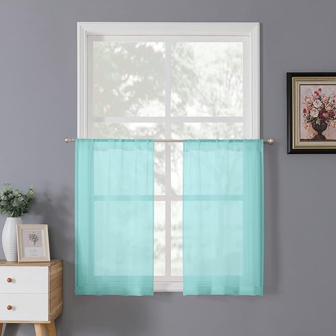 Tollpiz Sheer Tier Curtain Linen Textured Half Kitchen Curtains Sheer Light Filtering Rod Pocket Voile Small Curtains for Bathroom, 25 x 36 inches Long, Crystal Blue, Set of 2 Panels