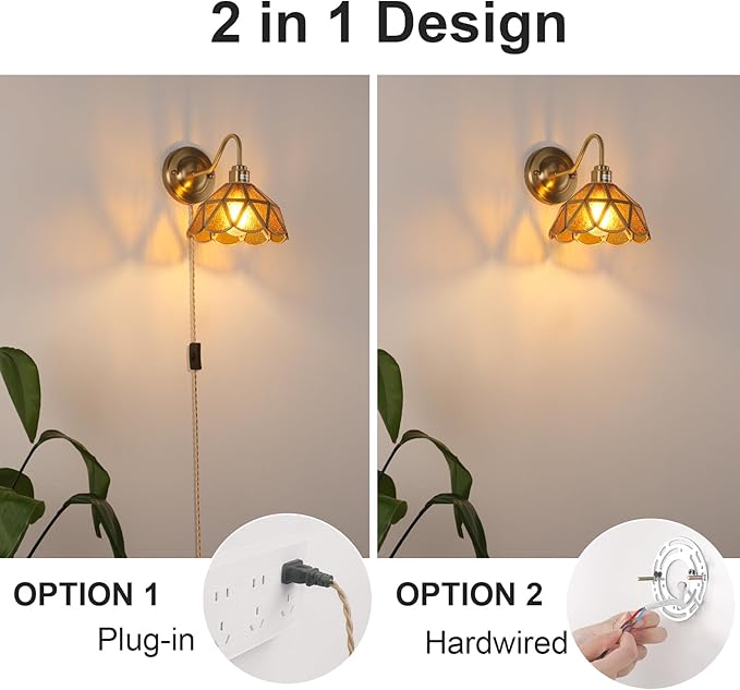 Plug in Wall Sconces Set of 2, Vintage Wall Lamps with Coffee Stone Triangle Checker Glass Shade, Gold Lights Fixture Decor for Bedroom Bathroom Living Room Hallway