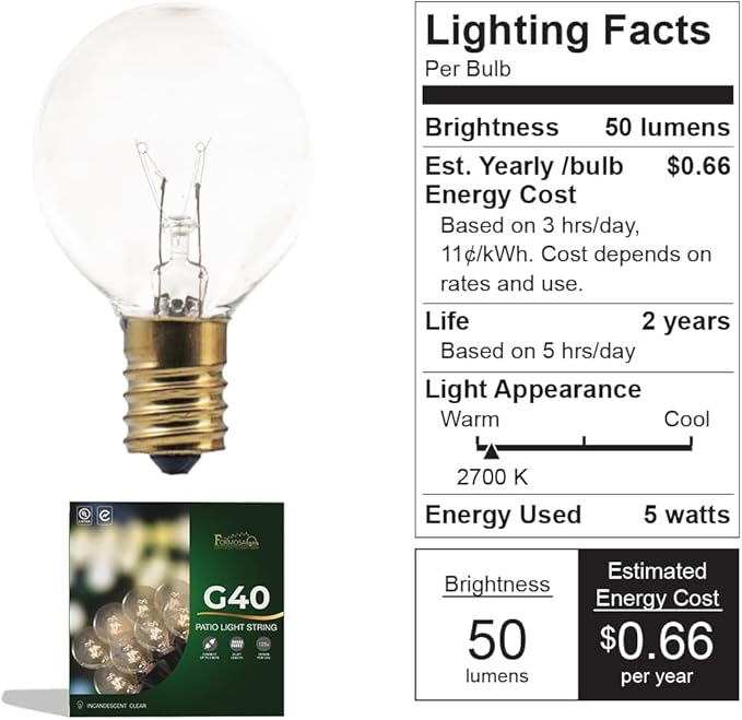 G40 26ft Indoor/Outdoor Clear Incandescent Christmas String/Patio Light with 25 Bulbs and E12 Base | 120V, 5W