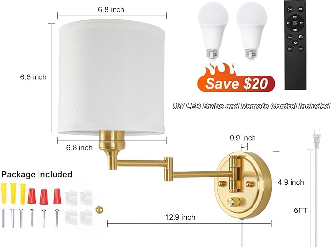 Plug in Wall Sconces with Remote Control, Dimming 10%-100% & Adjustable Colors 2700K-6500K, Hardwire or Plug-in, Swing Arm Wall Lamp with White Fabric Shade, Wall Sconces Set of Two, Gold Finish