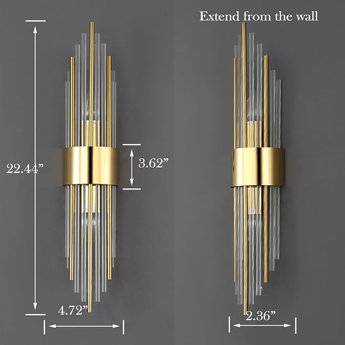 2-Light Modern Brushed Titanium Gold Wall Sconce with Clear Glass Crystal Luxury Wall Light Fixtures for Bedroom Living Room Bathroom Vanity Mirror Light Fixtures Set of 2