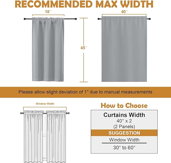 Aiyufeng Silver Grey Short Blackout Curtains for Bedroom 45 Inches Long 2 Panels, Solid Thermal Insulated, Energy Saving Window Treatment Curtains Blackout Drapes, W40 x L45 Inch, Silver Grey