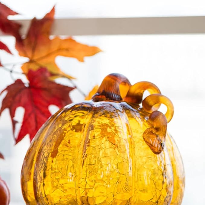 Glitzhome 6.69 Inch Amber Hand Blown Ornaments Crackle Glass Pumpkin for Fall Thanksgiving Halloween and Home Decor