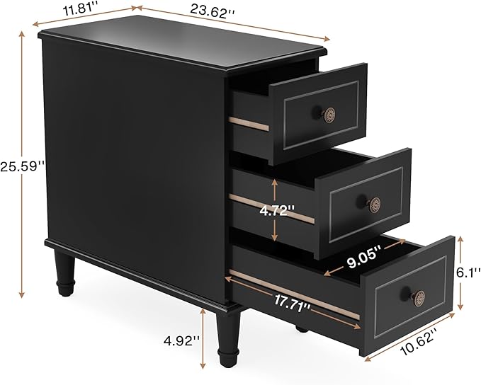 Tribesigns Solid Wood End Table, Fully Assembled Narrow Side Table with Drawers, Pre-Assembled Nightstand Slim Bedside Table for Small Spaces, Living Room, Bedroom, Black