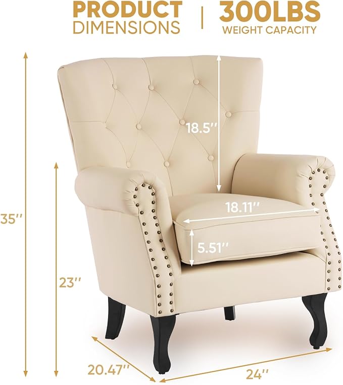 MOJAY PU Leather Accent Chair, Mid-Century Modern Armchair Living Room Club Chair with Tufted Button & Rivet Trim, Upholstered Sofa Chair with Sturdy Wood Legs for Bedroom (Ivory White)