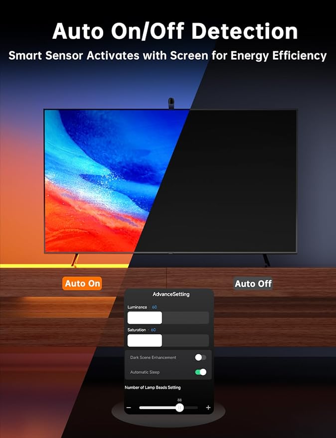 FFJ TV Lights That Change with Screen, 18ft Cuttable LED Backlight for 75-85 Inch Screen and PC Monitor, Backlight with Sensor, Smart App Control, Game & Music Sync Color Changing Lights
