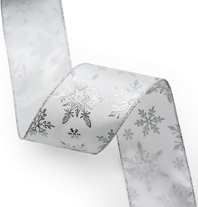 CT CRAFT LLC Satin with Silver Snowflake Wired Ribbon 2.5 Inch x 10 Yards for Christmas Home Decor Tree Topper Bow Gift Wrapping DIY Crafts Wreath Garland