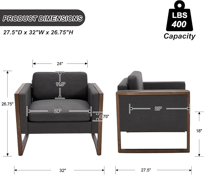 Kmax Modern Accent Chairs, Charcoal Fabric Upholstered Club Chair, Comfy Arm Reception Chairs for Living Room Hotel Conference, Walnut Wood