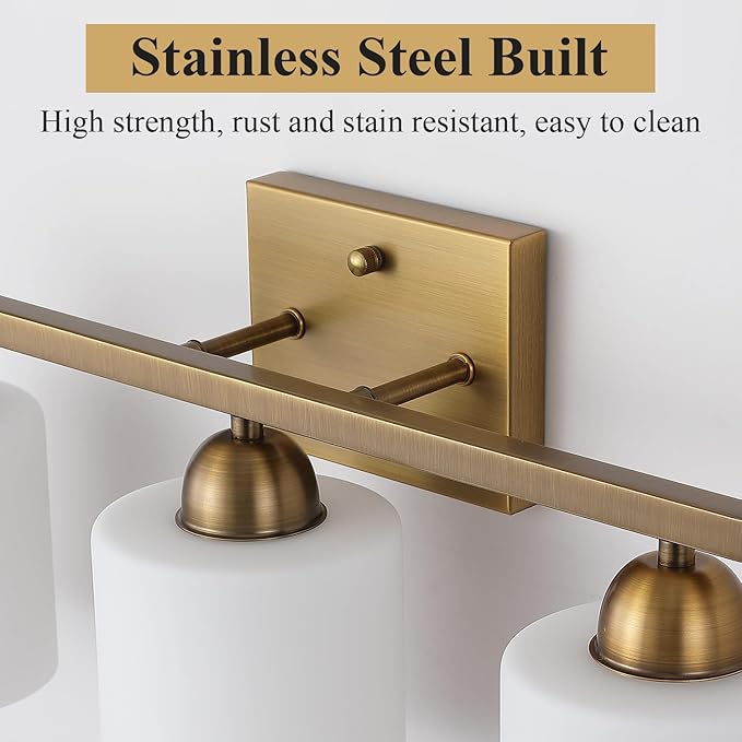Stainless Steel Milk Glass Vanity Lights for Bathroom, 3 Light Brass Bathroom Light Fixtures Over Mirror, Ceramic E26 Sockets Wall Mounted