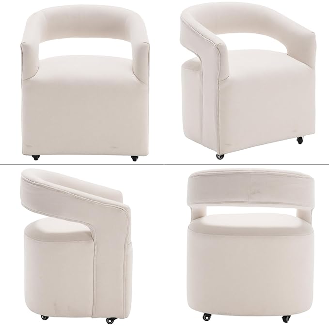 Modern Dining Chair, Upholstered Dining Room Chair with Casters Linen Fabric Accent Chair for Dining Room Living Room, 1PC, Beige