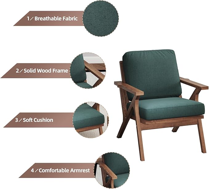 INZOY Mid-Century Modern Accent Chair with Wood Frame, Fabric Living Room Chair and Soft Thick Padded Armchair for Living Room Bedroom Reception with Removable Upholstered Cushions, Dark Green