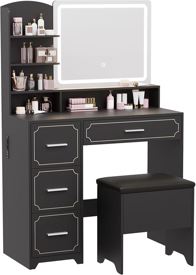 Vanity Table with LED Mirror & Power Outlet - 5 Open Shelves, 4 Drawers - Includes Padded Stool - Ideal Bedroom Makeup Dressing Table (Black)