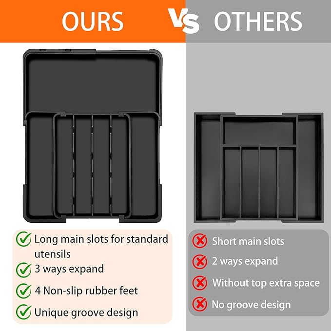 Silverware Organizer - Expandable Kitchen Drawer Organizer, Utensil Drawer Organizer, Adjustable Plastic Flatware and Cutlery Holder, Kitchen Organizers Storage for Forks Knives, Black