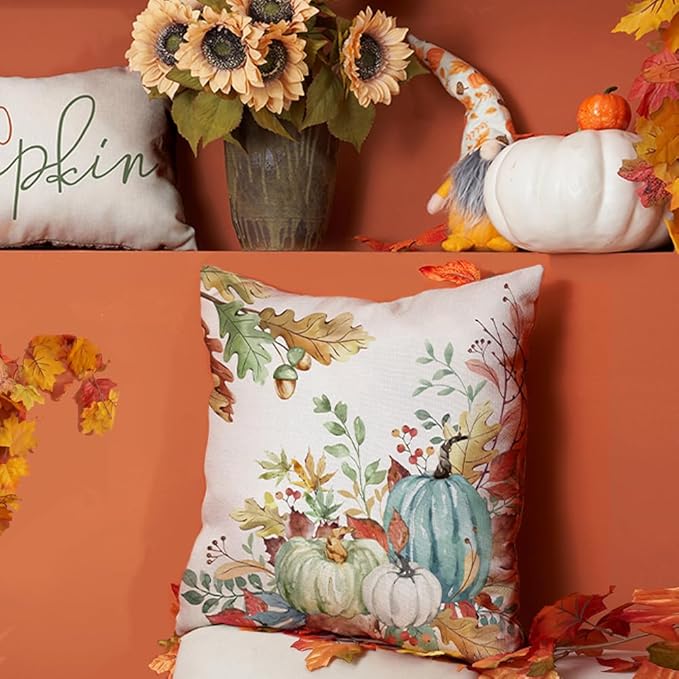 DFXSZ Fall Pillow Covers 16x16 inch Set of 2 Green Watercolor Pumpkin Fallen Leaves Decorative Throw Pillow Covers Autumn Thanksgiving Farmhouse Decoration for Home Couch TH27-F16