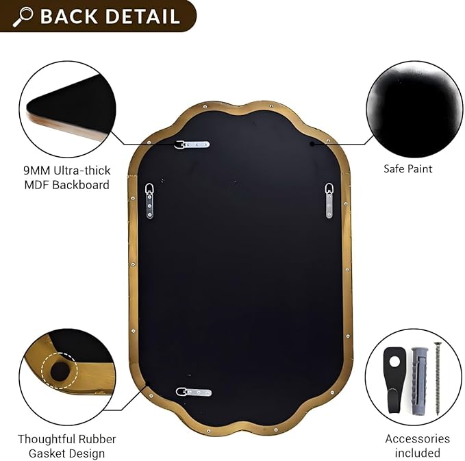 ANDY STAR Scalloped Bathroom Mirror, 24x36 Inch Brushed Gold Vanity Mirror in Stainless Steel Metal Frame, Unique Oval Mirror with Modern Curved Edge Design, Ideal for Bathroom, Bedroom, Entryway