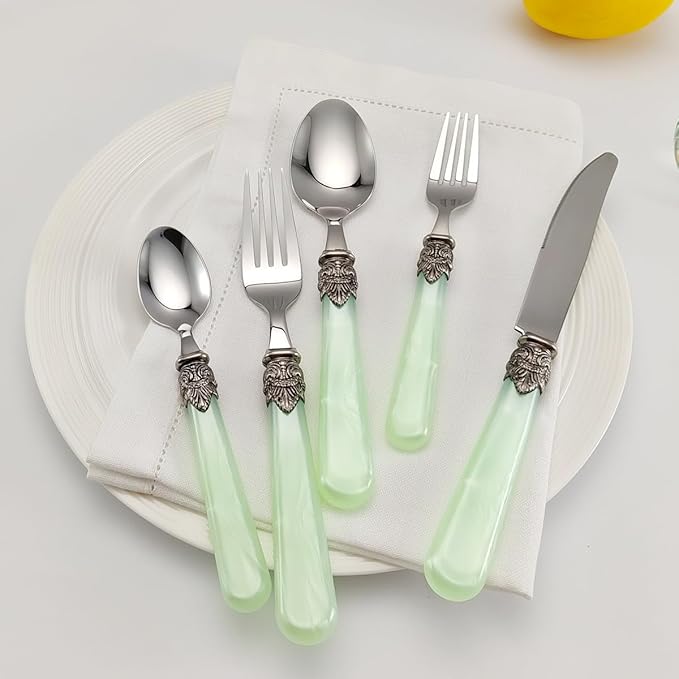 REVERIE Collection 20-piece 18/10 Stainless Steel Vintage Flatware set,Sliverware set Service for 4,Dishwasher safe(20, Green)