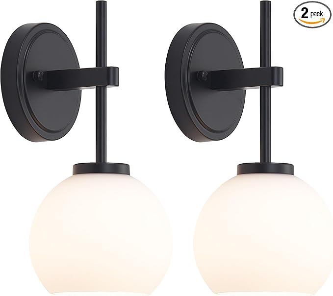 Black Wireless Rechargeable Wall Sconces with Remote Control, Battery Operated Wall Sconce Set of 2, LED Dimmable Wall Lights with Opal White Glass Shade, 12 Colors RGB & 3 CCT Bulb