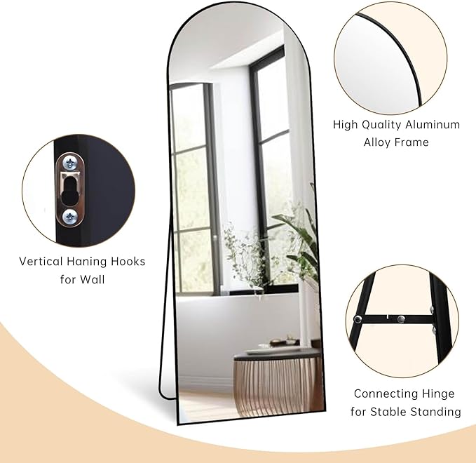 Full Length Mirror, 71"*26" Arched Full Body Mirror with Stand, Large Floor Mirrors for Leaning or Hanging, Big Mirrors for Bedroom, Living Room,Dressing Room, Aluminum Alloy Frame, Black