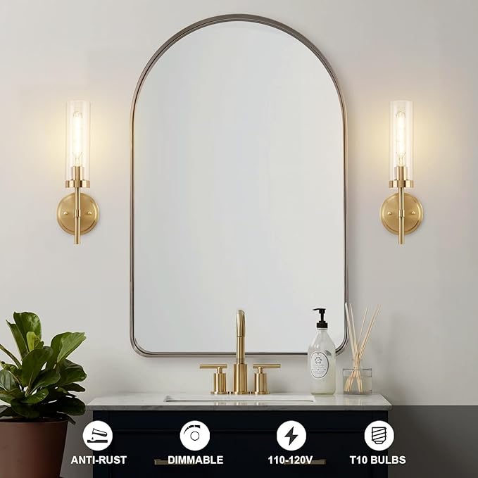 Hardwired Gold Wall Sconces Set of 2, Modern Bathroom Sconces Wall Lighting Vanity Light Fixtures with Clear Glass, Brushed Brass Wall Decor Lights for Mirror Living Room Bedroom Hallway Stairwell