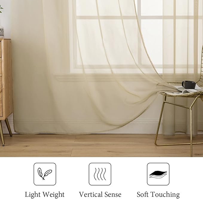 MIULEE 2 Panels Solid Color Sheer Window Curtains Elegant Window Voile Panels/Drapes/Treatment for Bedroom Living Room (54X84 Inches Beige)