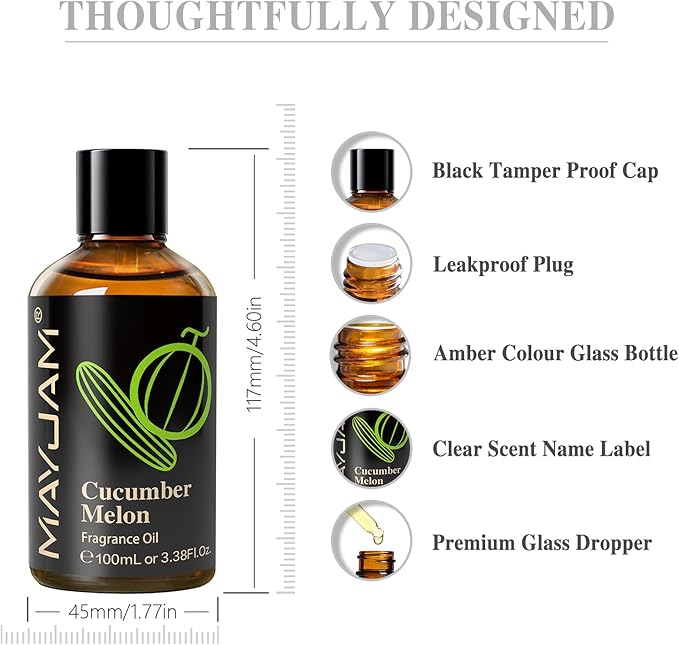 MAYJAM 100ML/3.38FL.OZ Cucumber Melon Fragrance Oils with Glass Dropper, Essential Oils for Diffusers for Home, Long Lasting Scented Oils for Diffusers Soap Candle Making