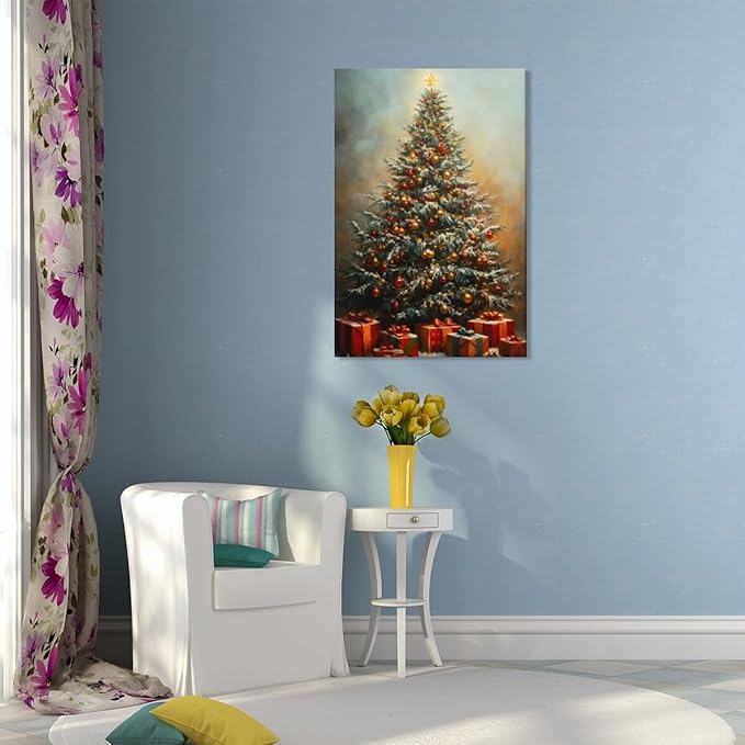 Vintage christmas wall art winter pine tree canvas poster xmas tree gift prints painting festive mood background wall decoration for living room bedroom Framed8x12inch