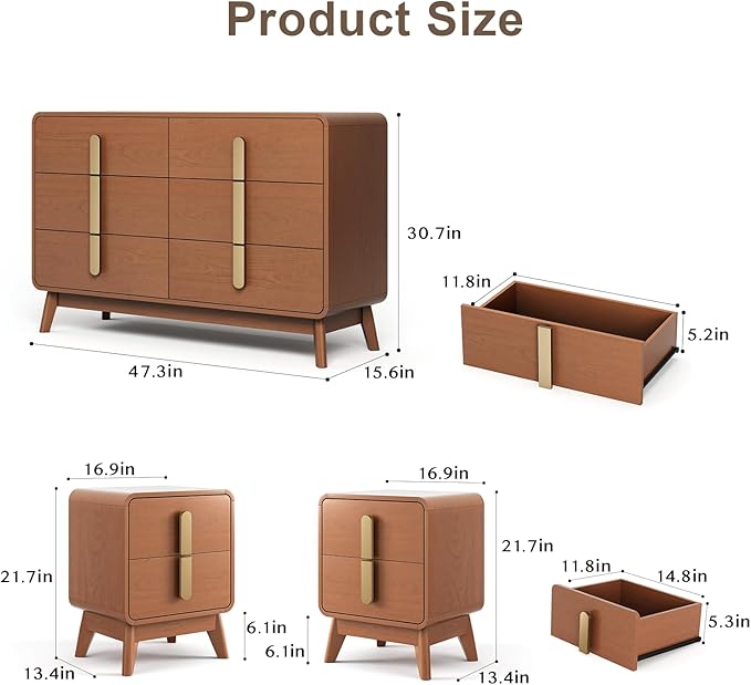 Mid Century Modern Bedroom Set, 6 Drawer Dresser and Nightstand Sets for Bedroom, Night Stand Set 2 & 6 Drawer Dresser with Gold Handles, Wood Chest of Drawers Storage Cabinet Set, Walnut