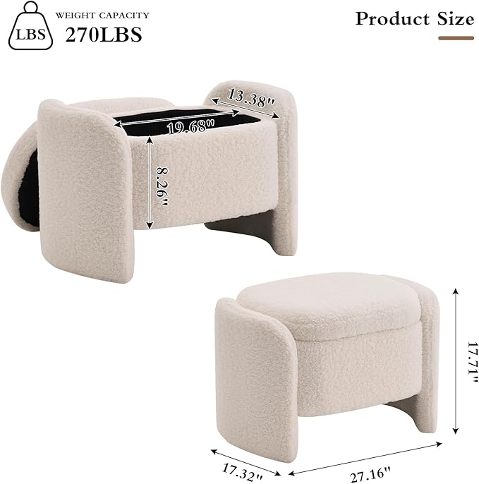 Storage Bench with Lamb Fleece Fabric, Vanity Stool Chair, Upholstered Ottoman with Small Hidden Storage for Bedroom, Living Room, Entryway, No Assembly Required, Beige