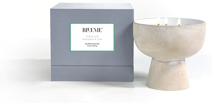 BLUEME Eucalyptus & Lime, Luxury Candle w/Essential Oils, 3 Wick, Hand-Poured Soy, Cotton Wick, Ceramic
