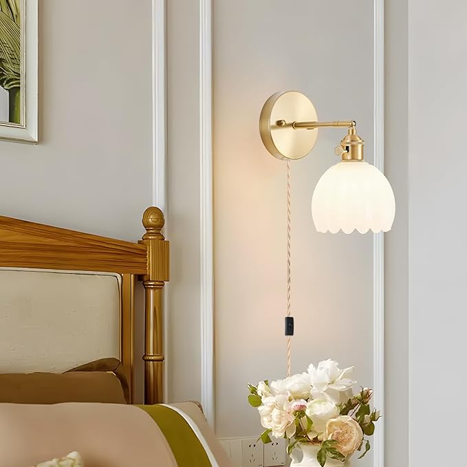 Plug in Wall Sconces Set of 2, Vintage Wall Sconce Light with Tulip Milk White Glass Lampshade, 180° Adjustable Wall Sconce with Switch and Plug in Wall lamp Cord, Gold Wall Light Wall Decor Set of 2