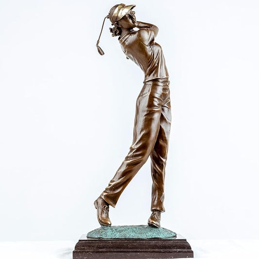 22'' Modern Golf Female Bronze Statue, Bronze Golfer Figurine Sculpture Ornament with Marble Base Classical Art Craft for Home Office Decor Collection Gift