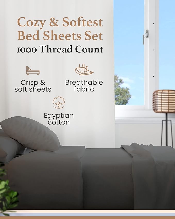 Good Sleep Bedding King Size Sheets Set Deep Pockets - 4 Pc, Egyptian Cotton, Fits Upto 16", 1000 TC King Size Bed Sheets Set - Dark Grey