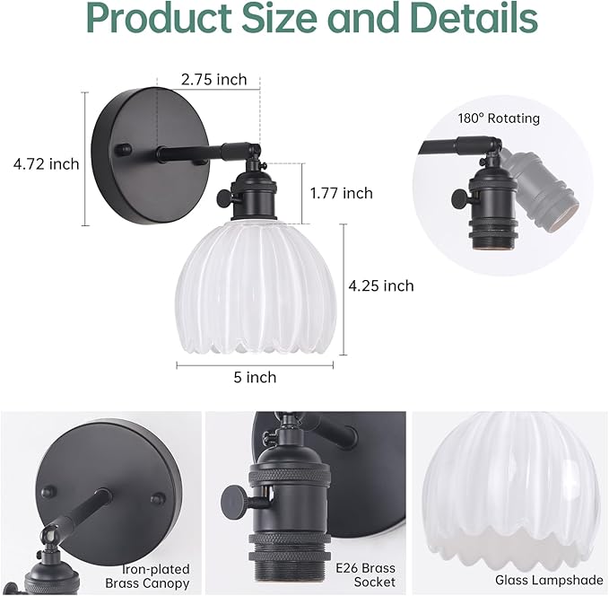 Vintage Battery Operated Wall Sconce with Cute White Tulip Glass Lampshade Wireless Rechargeable Battery Powered Black Wall Light with Remote Control for Bedside Bedroom Doorway