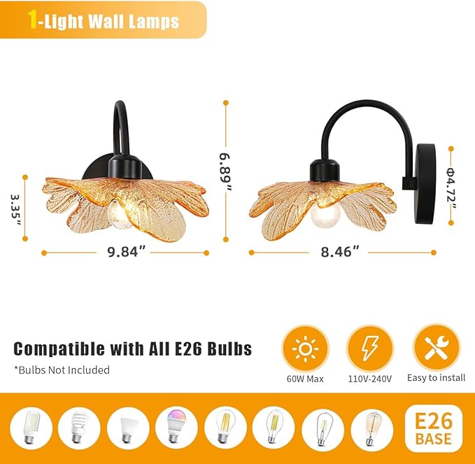 Black Wall Sconce 1-Light Black Bathroom Vanity Light Over Mirror, Modern Wall Light Fixture with Amber Glass Shade Flower Art Deco Wall Sconce Bedroom Wall sconces for Bedroom Hallway Living Room