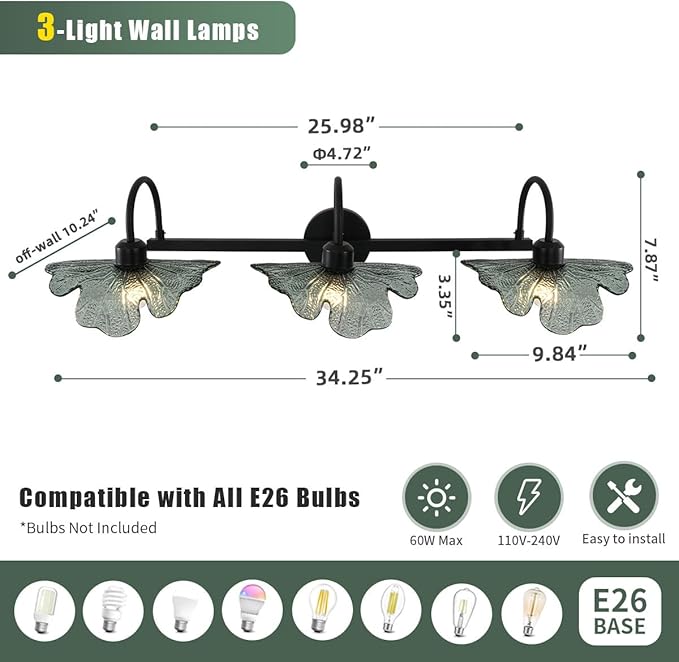Black Bathroom Vanity Light mid Century Wall Sconce 3-Light Bathroom Wall Light Wall lamp with Dark Green Glass Shade Mirror Black Vanity Light Over Mirror for Bedroom Hallway Living Room