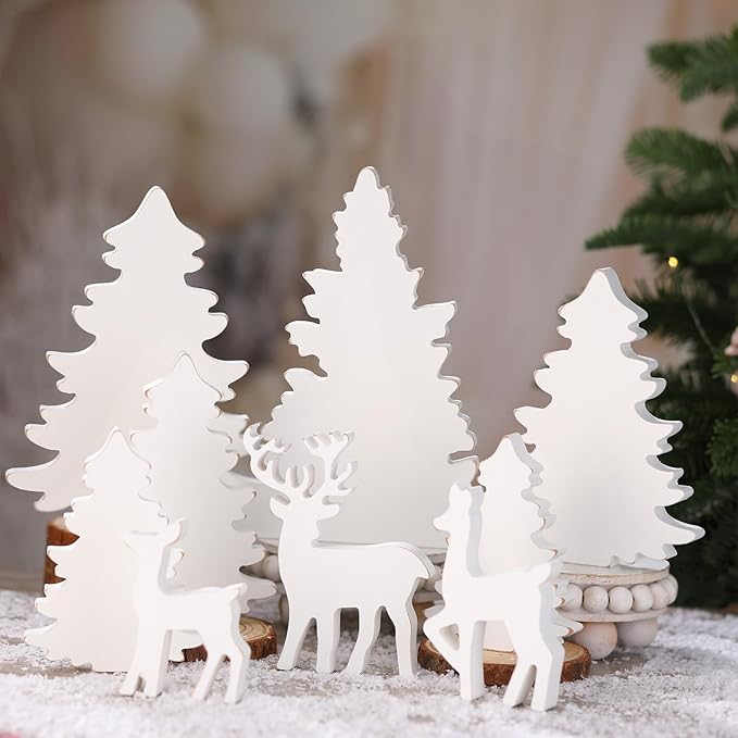 Barydat 9 Pcs Winter Christmas Decorations Indoor Christmas Tree Reindeer Farmhouse Wooden Rustic Centerpieces Decoration for Xmas Winter Home Office Table Shelf Desk Mantel Decor