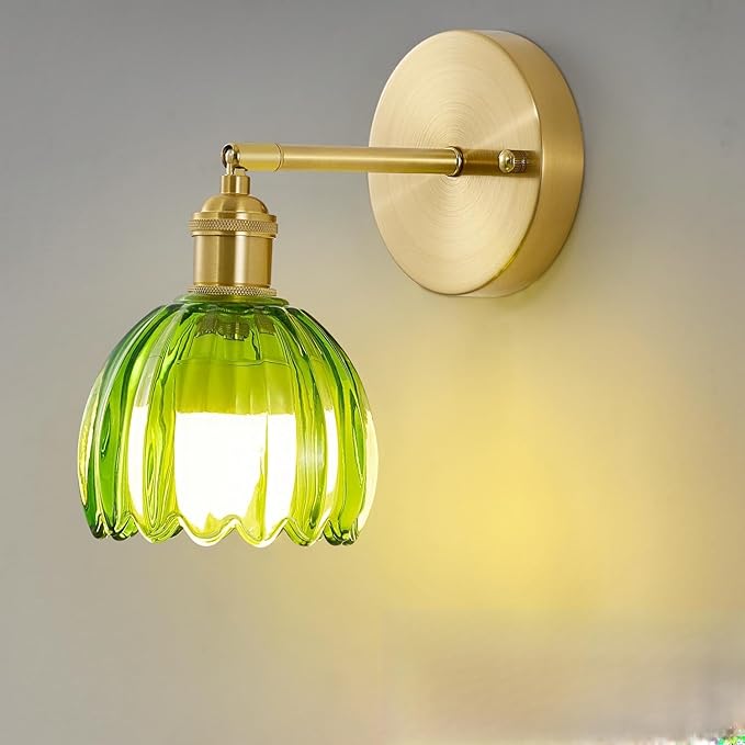 Vintage Battery Operated Wall Sconces with Remote, 180 Degree Adjustable, Modern Battery Powered Wall Lighting Fixture with Green Tulip Glass Lampshade for Bedroom Bedside Bathroom