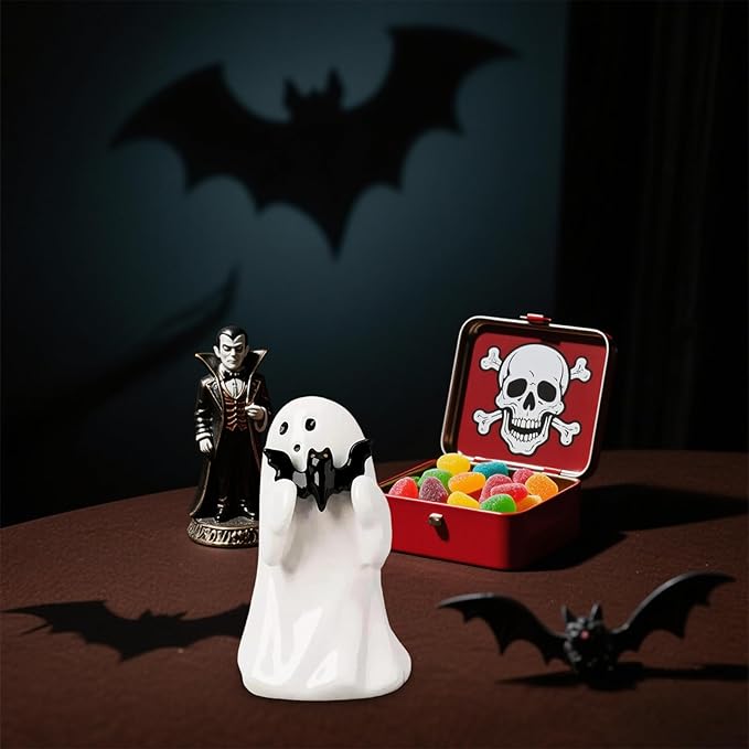 Halloween Ghost Figurine with Black Bat, Funny Ghost Decor, Ghost Statue Halloween Decor, Cute Decorations for Home Table Fireplace,Party Decorations, Small Gifts