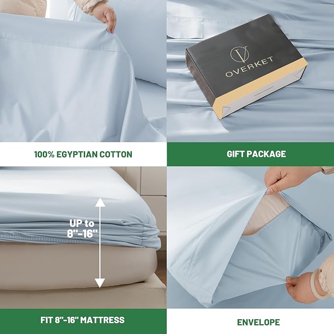 100% Egyptian Cotton Sheets King Size 4PCS 1000 Thread Count Sateen Weave Soft Breathable 16-Inch Deep Pocket (King,Light Blue)