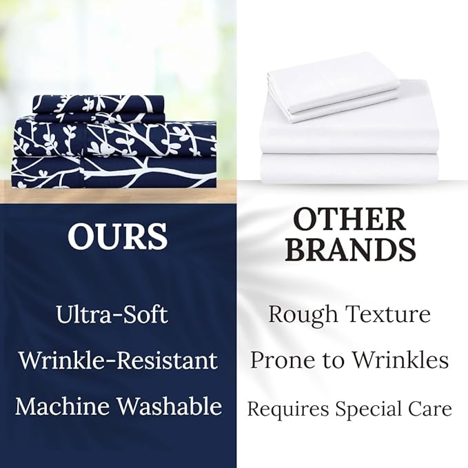 Spirit Linen Bed Sheets Queen Size - Pure Microfiber 4 Piece Polyester Bed Sheets - Soft Sheets Queen for All Seasons (Foliage Navy/White, Queen)