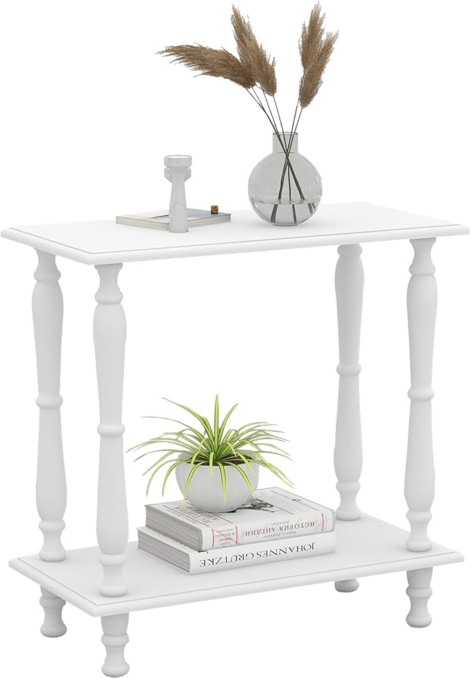 TaoHFE White Narrow Side Table Wooden Vintage End Tables Living Room French Style 24 Inch Sofa Side Table with Open Shelf 2-Tier Retro Bedside Table for Bedroom Living Room Small Space, White