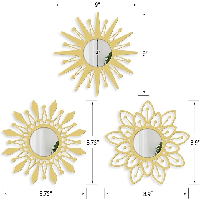 Golden Decorative Wall Mirrors Crown Shaped Wall Mirror Boho Wall Decor, for Living Room, Bedroom, Hanging Decor Mirror Set of 3
