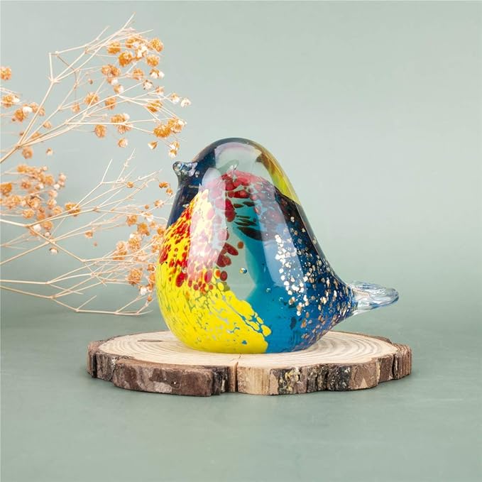 QFkris Art Glass Bird Figurine Handmade Blown Glass Crystal Paper Weight Christmas Birthday Gift Home Table Ornament Decor (N004)