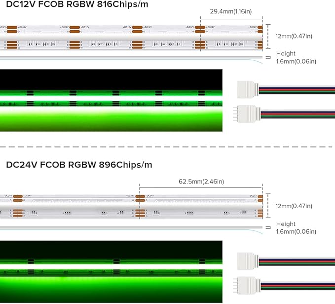 COB LED Strip RGBW 6000K 16.4FT 896LEDs/m DC24V Color Changing Flexible High Density Uniform LED Tape Light 12mm for Under Cabinet (No Power/Controller)