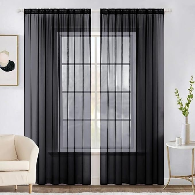 MIULEE 2 Panels Solid Color Sheer Window Curtains Elegant Halloween Window Voile Panels/Drapes/Treatment for Bedroom Living Room (54X108 Inches Black)